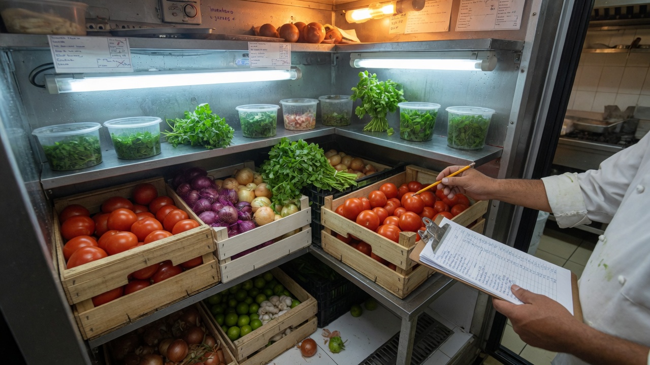 Conteo de inventario en la cámara de un restaurante