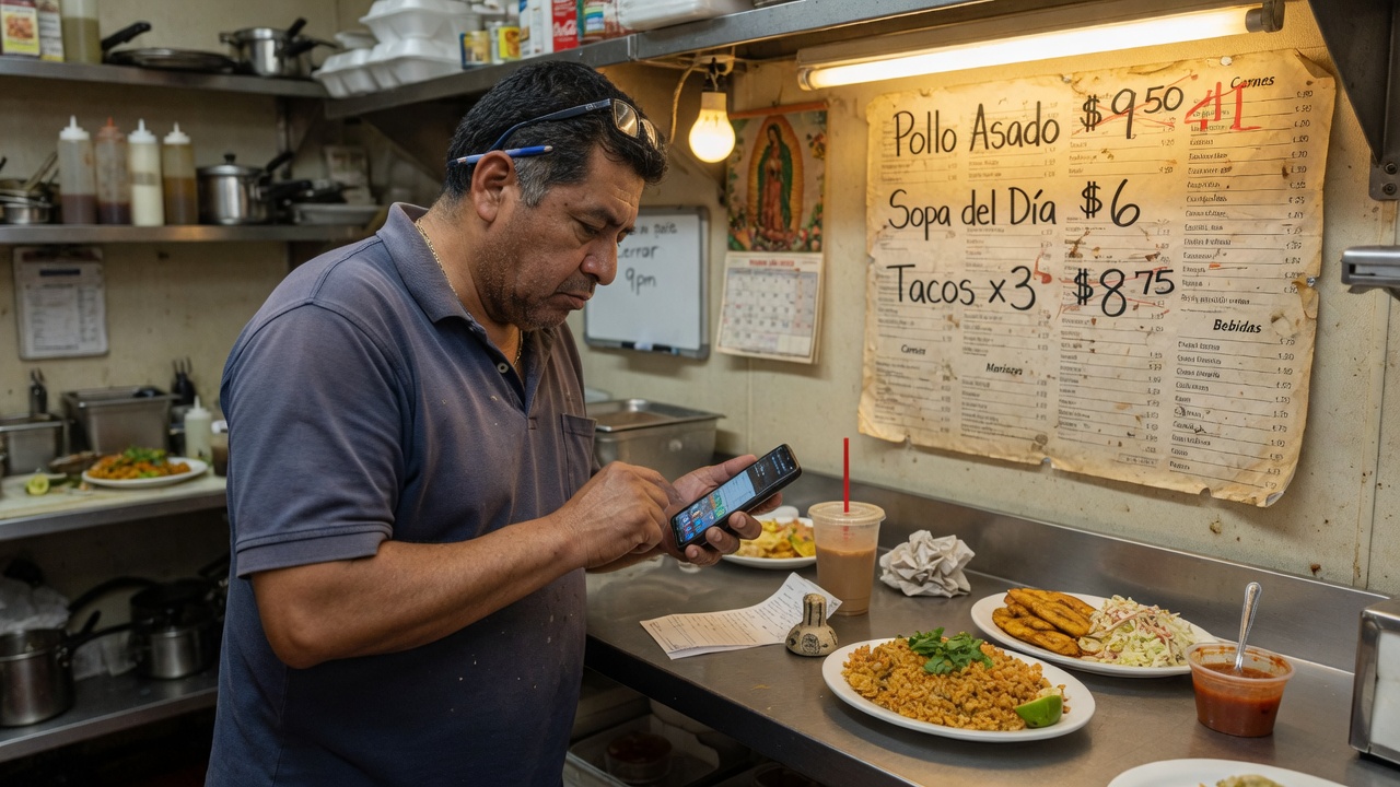 Dueño actualizando precios de la carta desde el celular en la cocina