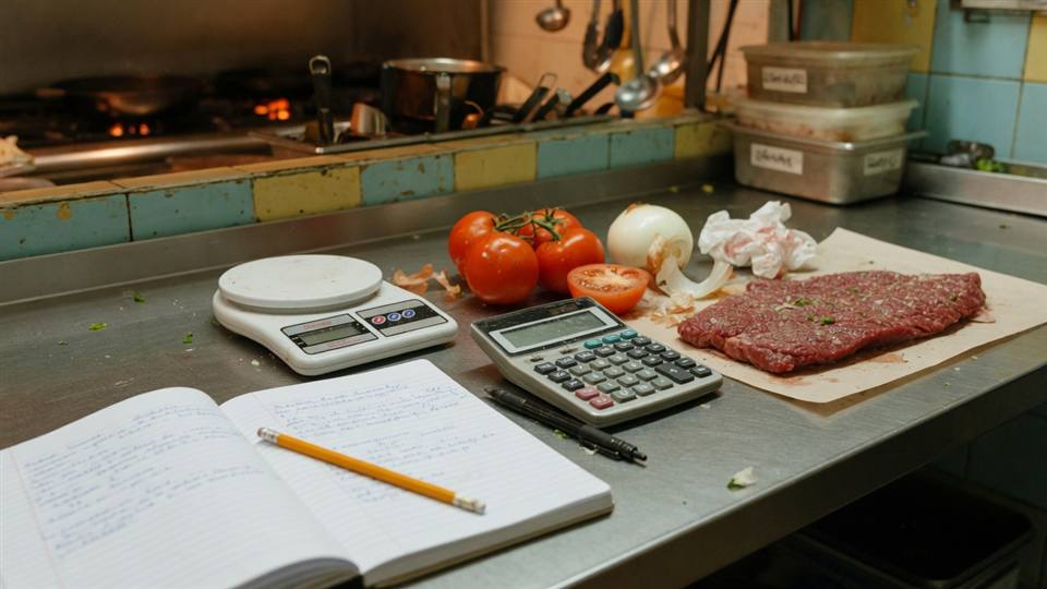 Báscula, calculadora e insumos en la cocina para costear recetas